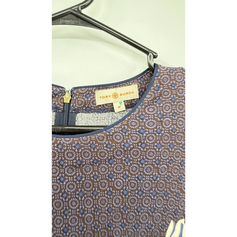 Tory Burch M Midi Sheath‎ Dress Womens Purple Blue Medallion Floral Long Sleeve